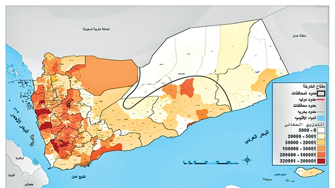 خريطتين تظهران العلاقة بين الكثافة السكانية ونطاقات التغيرات الحرارية الأشد في اليمن